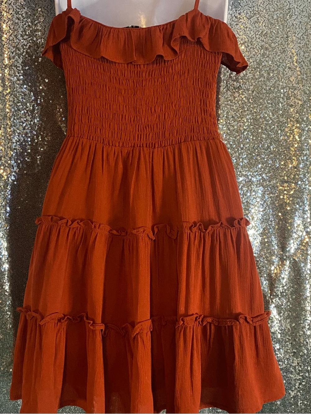 🍂✨ WILD MOSS RUST SMOCKED RUFFLE DRESS | SIZE MEDIUM ✨🍂 - Picture 4 of 9